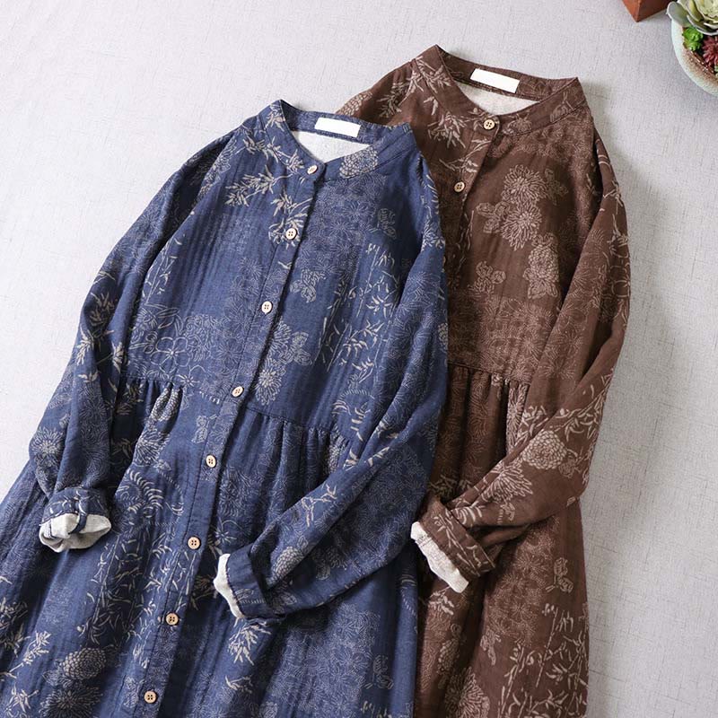 Buddha Stones 通勤用 バンブー花柄 長袖 ボタン付き レディース コットン ミディドレス ポケット付き - image 15