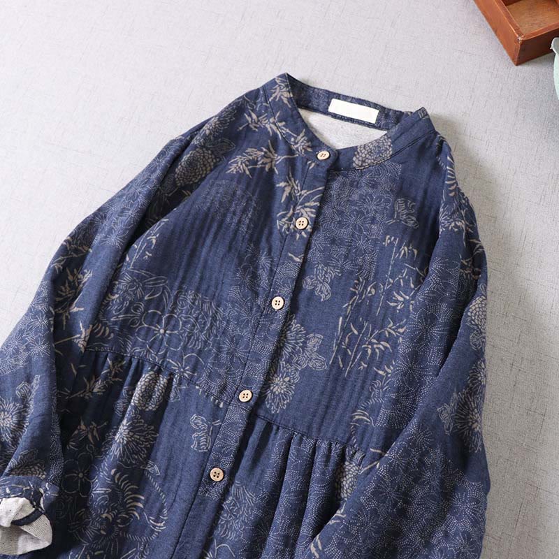 Buddha Stones 通勤用 バンブー花柄 長袖 ボタン付き レディース コットン ミディドレス ポケット付き - image 4