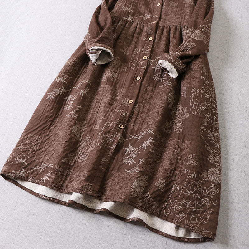Buddha Stones 通勤用 バンブー花柄 長袖 ボタン付き レディース コットン ミディドレス ポケット付き - image 14