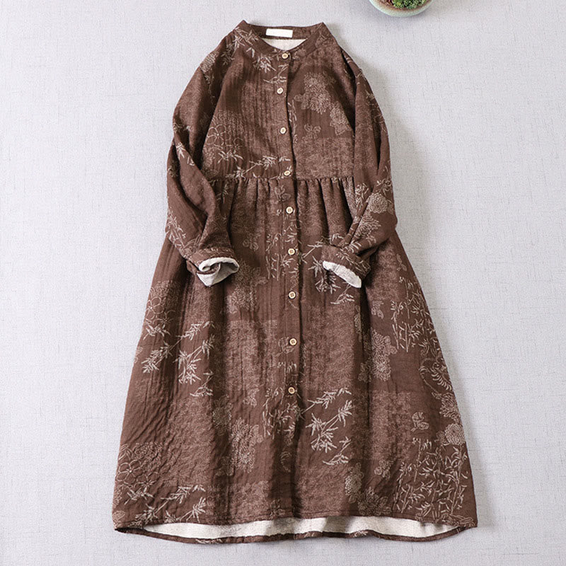 Buddha Stones 通勤用 バンブー花柄 長袖 ボタン付き レディース コットン ミディドレス ポケット付き - サドルブラウン - US4-6、 UK/AU8-10、 EU36-38 (F) - image 9