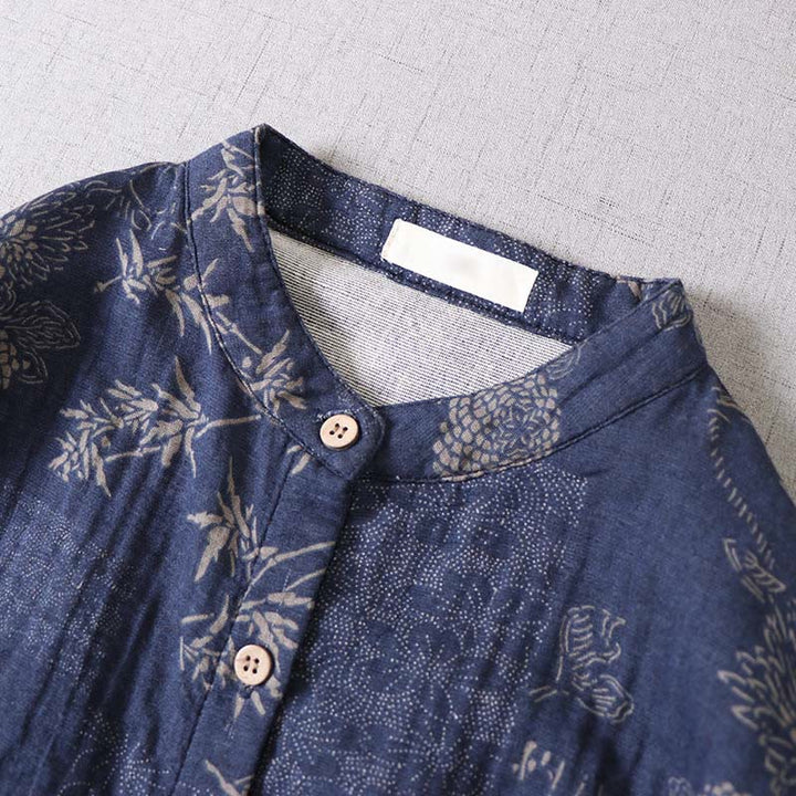 Buddha Stones 通勤用 バンブー花柄 長袖 ボタン付き レディース コットン ミディドレス ポケット付き - image 5