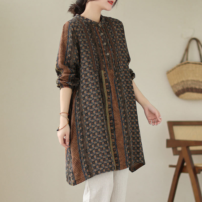 Buddha Stones レトロプリント花柄レディースアコーディオンプリーツデザイン長袖シャツ（ポケット付き） - image 1