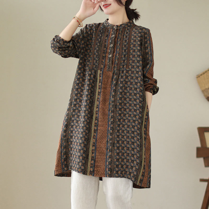 Buddha Stones レトロプリント花柄レディースアコーディオンプリーツデザイン長袖シャツ（ポケット付き） - サドルブラウン - US8-10，UK/AU12-14，EU40-42 (2XL) - image 0