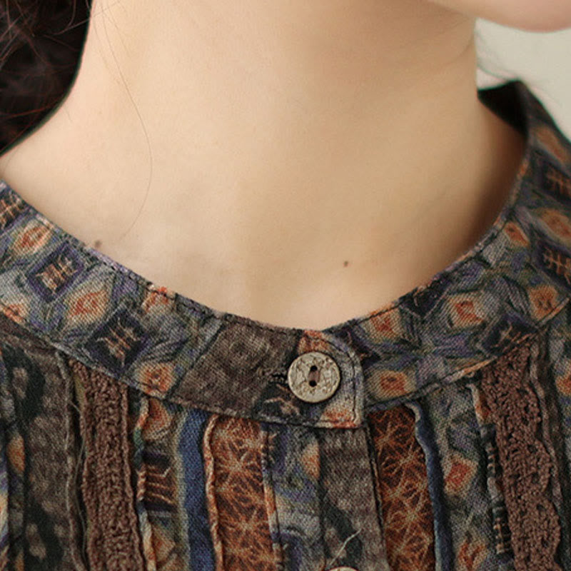 Buddha Stones レトロプリント花柄レディースアコーディオンプリーツデザイン長袖シャツ（ポケット付き） - image 10