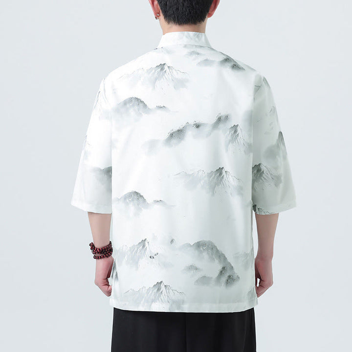 Buddha Stones 墨絵風景模様メンズフロッグボタン半袖シャツ - image 13