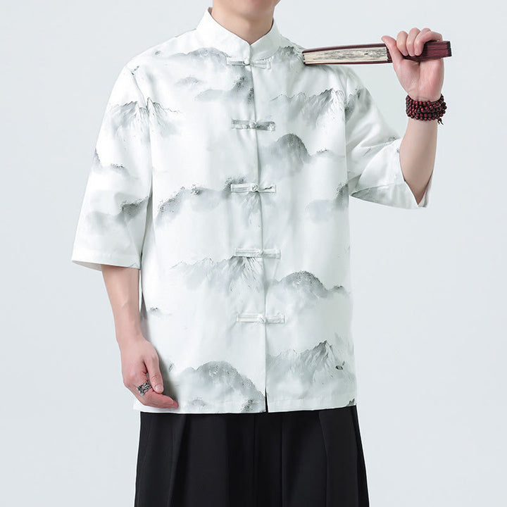 Buddha Stones 墨絵風景模様メンズフロッグボタン半袖シャツ - image 11