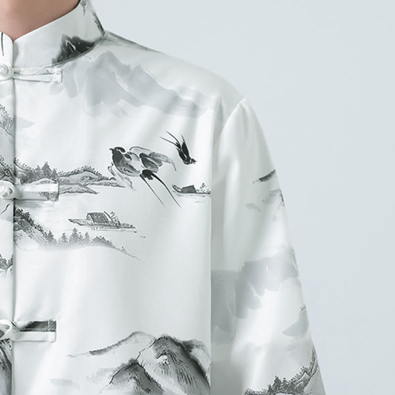 Buddha Stones 墨絵風景模様メンズフロッグボタン半袖シャツ - image 9