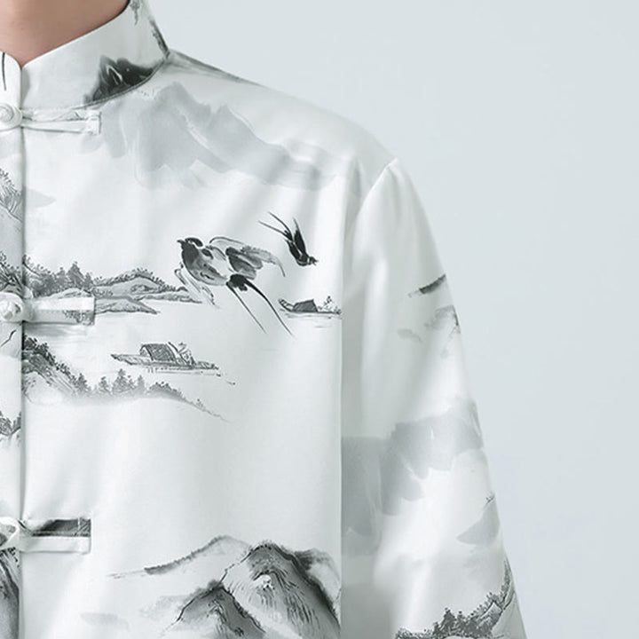 Buddha Stones 墨絵風景模様メンズフロッグボタン半袖シャツ - image 9