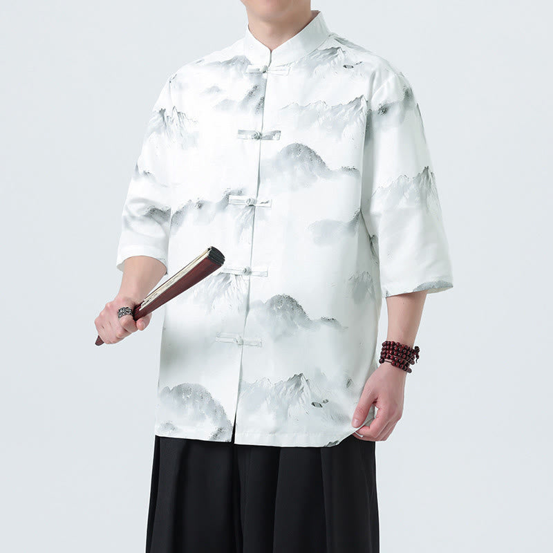 Buddha Stones 墨絵風景模様メンズフロッグボタン半袖シャツ - 山の模様 - US/UK/AU46、 EU56 (5XL) - image 10