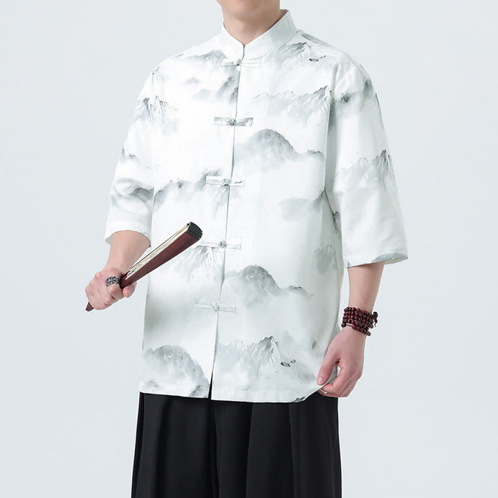 Buddha Stones 墨絵風景模様メンズフロッグボタン半袖シャツ - 山の模様 - US/UK/AU46、 EU56 (5XL) - image 10