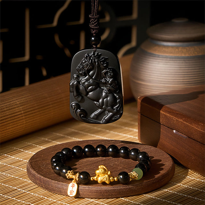 Buddha Stones 午年 黒曜石 和田翡翠 強さのバンドル - 馬のブラックオブシディアン ストレングス バンドル - image 0