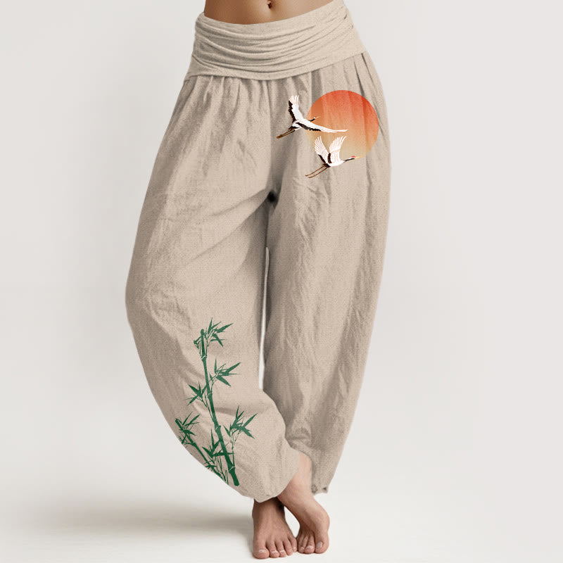Buddha Stones 純綿 エレガントな太陽の鶴と竹の柄 レディース 伸縮性ウエスト ハーレムパンツ - タン - US16、 UK/AU20、 EU48 (3XL) - image 0