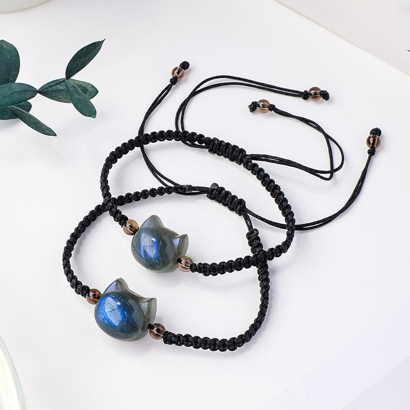 Buddha Stones 猫の頭モチーフチャーム天然ラブラドライトロープヒーリングチェンジブレスレット - image 0