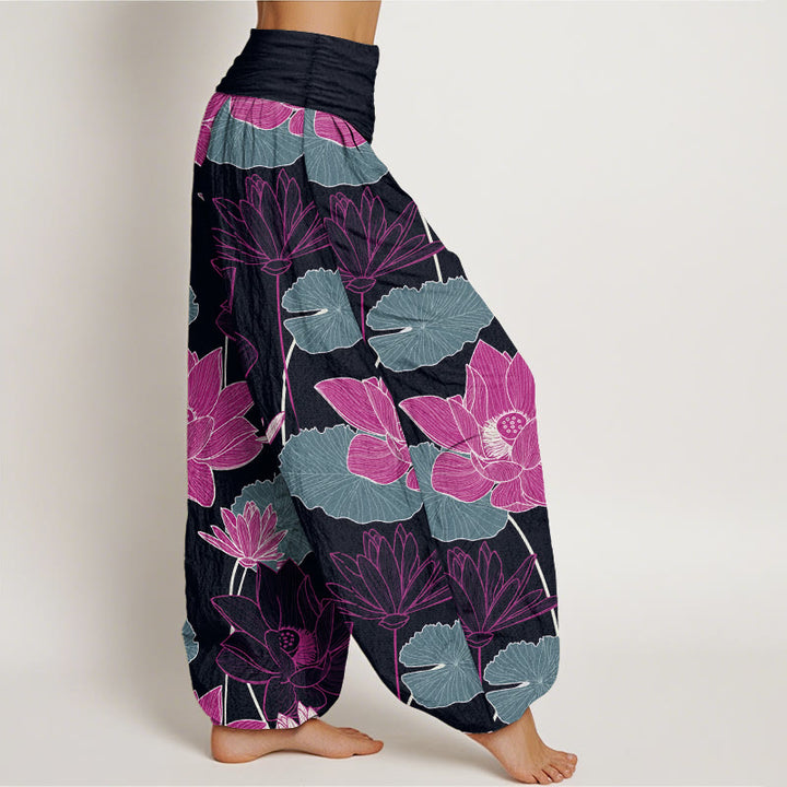 Buddha Stones ピュアコットン レトロ 蓮の花と葉柄 レディース 伸縮性ウエスト ハーレムパンツ - image 2
