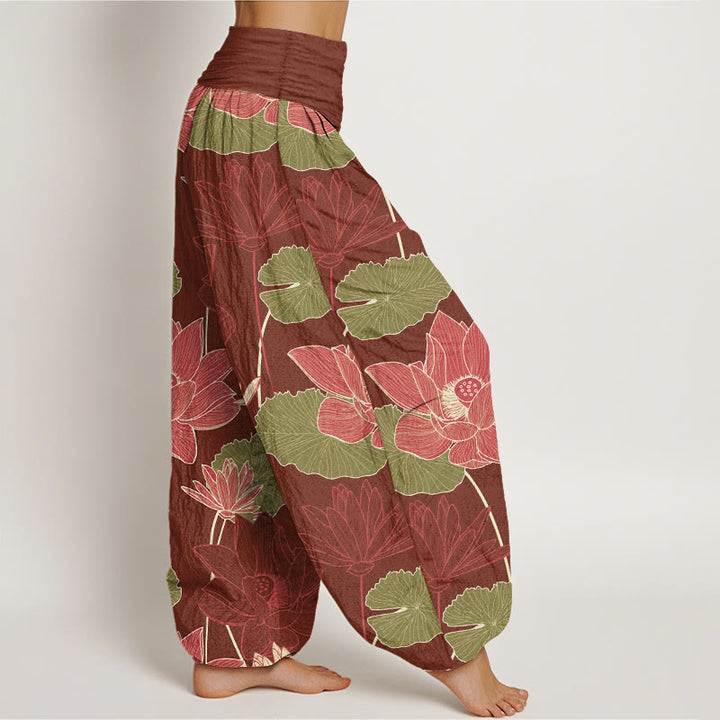 Buddha Stones ピュアコットン レトロ 蓮の花と葉柄 レディース 伸縮性ウエスト ハーレムパンツ - image 7