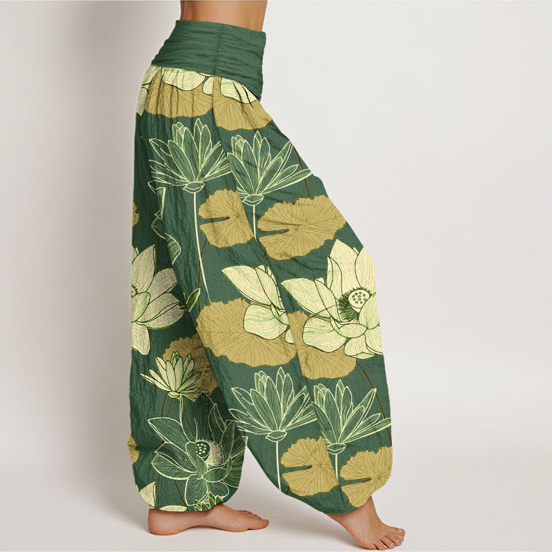 Buddha Stones ピュアコットン レトロ 蓮の花と葉柄 レディース 伸縮性ウエスト ハーレムパンツ - image 10