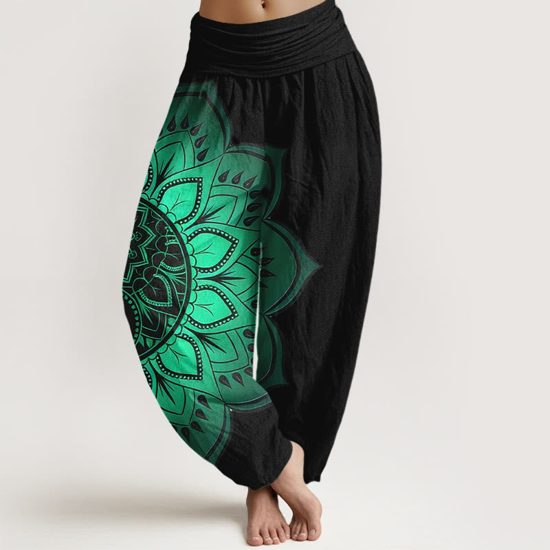 Buddha Stones コットン シンメトリー マンダラ柄 レディース 伸縮性ウエスト ハーレムパンツ - 黒 - US16、 UK/AU20、 EU48 (3XL) - image 0