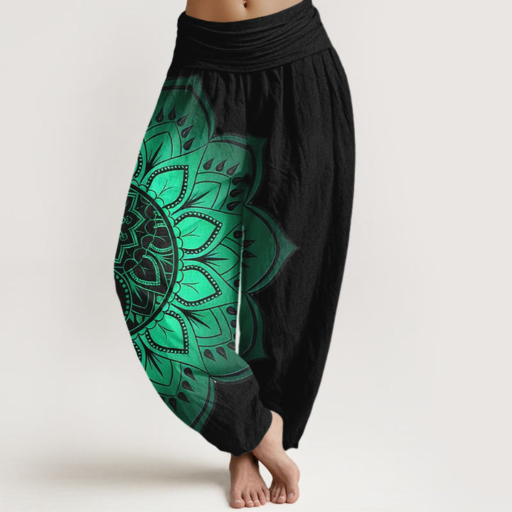 Buddha Stones コットン シンメトリー マンダラ柄 レディース 伸縮性ウエスト ハーレムパンツ - 黒 - US16、 UK/AU20、 EU48 (3XL) - image 0