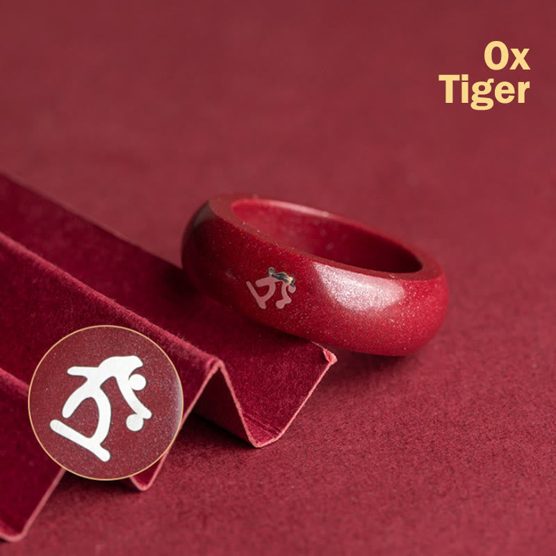 Buddha Stones 中国の干支、午年の辰砂の良縁祈願リング - 辰砂の牛虎 - 22mm - image 4