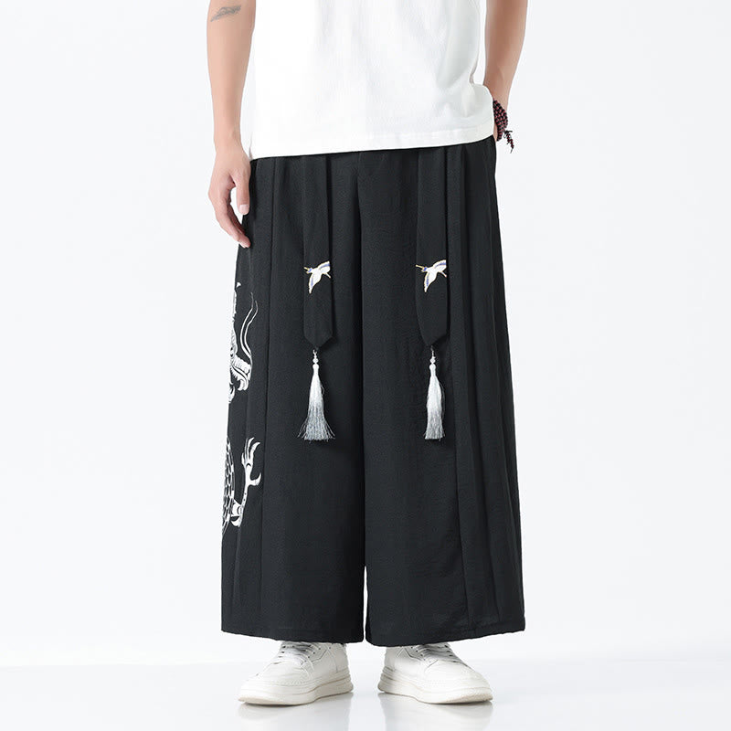 Buddha Stones 夏用ドラゴンドローストリングデザインコットンアンクル丈メンズワイドレッグパンツ（ポケット付き） - 黒 - US/UK/AU42、 EU52 (3XL) - image 8