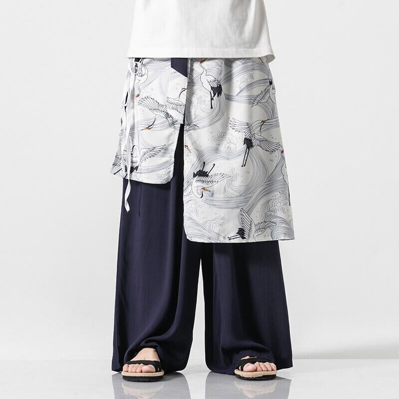 Buddha Stones 夏用 飛鶴デザイン コットン メンズ ワイドレッグパンツ ポケット付き - スチールブルー - US/UK/AU46、 EU56 (5XL) - image 0