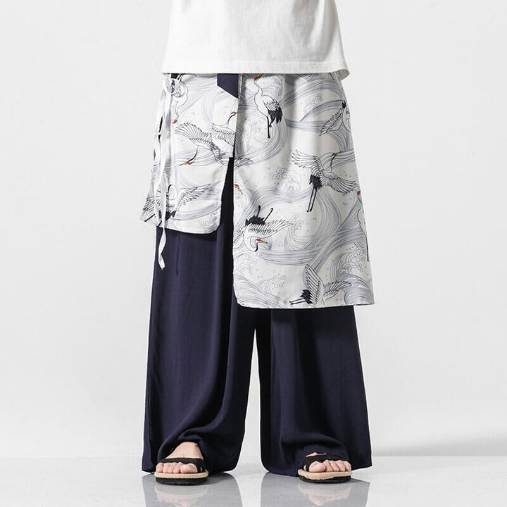 Buddha Stones 夏用 飛鶴デザイン コットン メンズ ワイドレッグパンツ ポケット付き - スチールブルー - US/UK/AU46、 EU56 (5XL) - image 0
