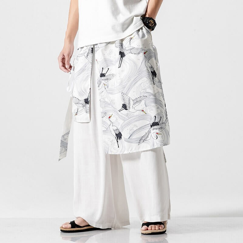 Buddha Stones 夏用 飛鶴デザイン コットン メンズ ワイドレッグパンツ ポケット付き - 白 - US/UK/AU46、 EU56 (5XL) - image 38