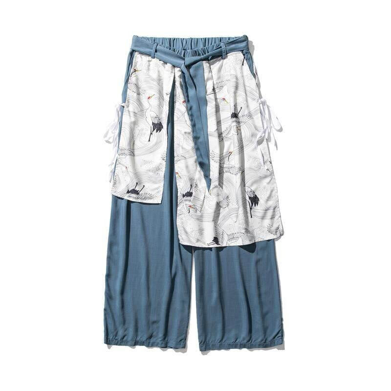 Buddha Stones 夏用 飛鶴デザイン コットン メンズ ワイドレッグパンツ ポケット付き - image 22