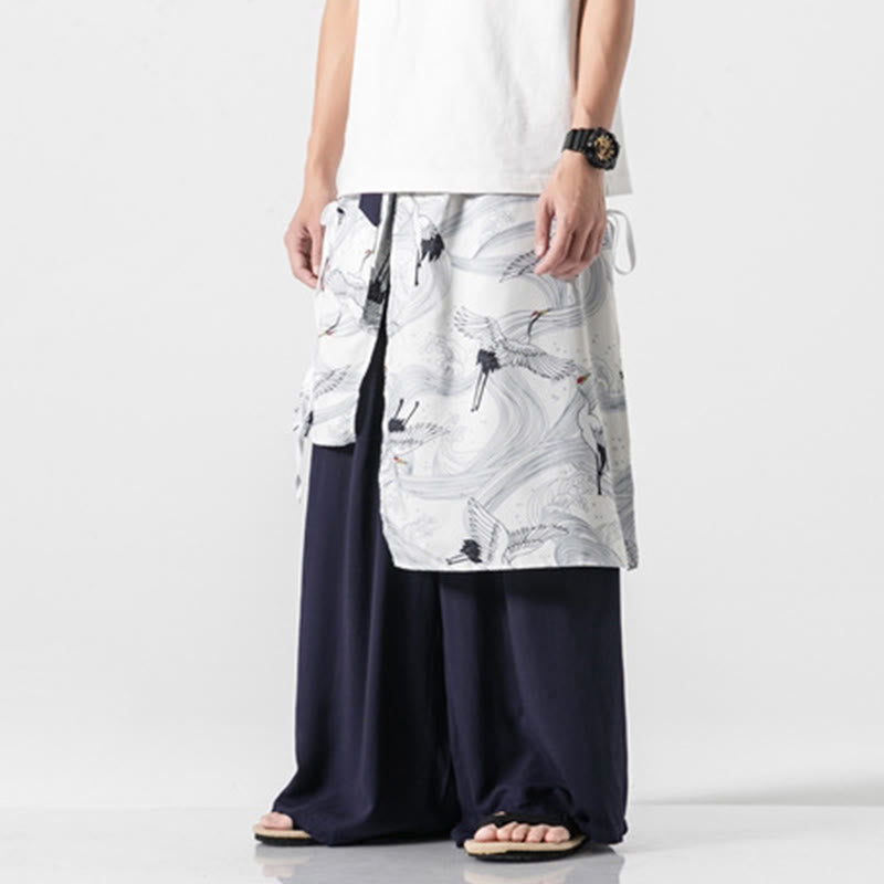 Buddha Stones 夏用 飛鶴デザイン コットン メンズ ワイドレッグパンツ ポケット付き - image 7