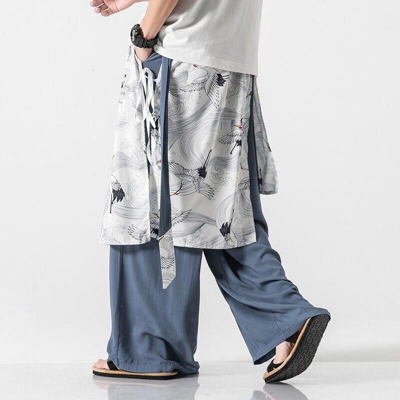 Buddha Stones 夏用 飛鶴デザイン コットン メンズ ワイドレッグパンツ ポケット付き - image 11