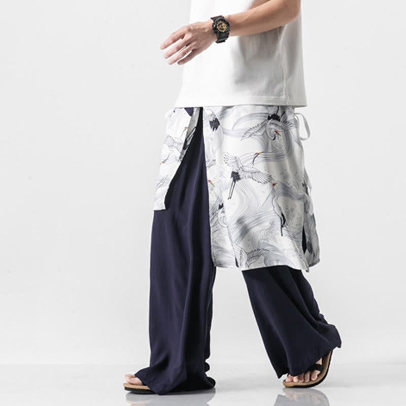 Buddha Stones 夏用 飛鶴デザイン コットン メンズ ワイドレッグパンツ ポケット付き - image 2
