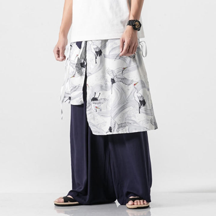 Buddha Stones 夏用 飛鶴デザイン コットン メンズ ワイドレッグパンツ ポケット付き - image 8