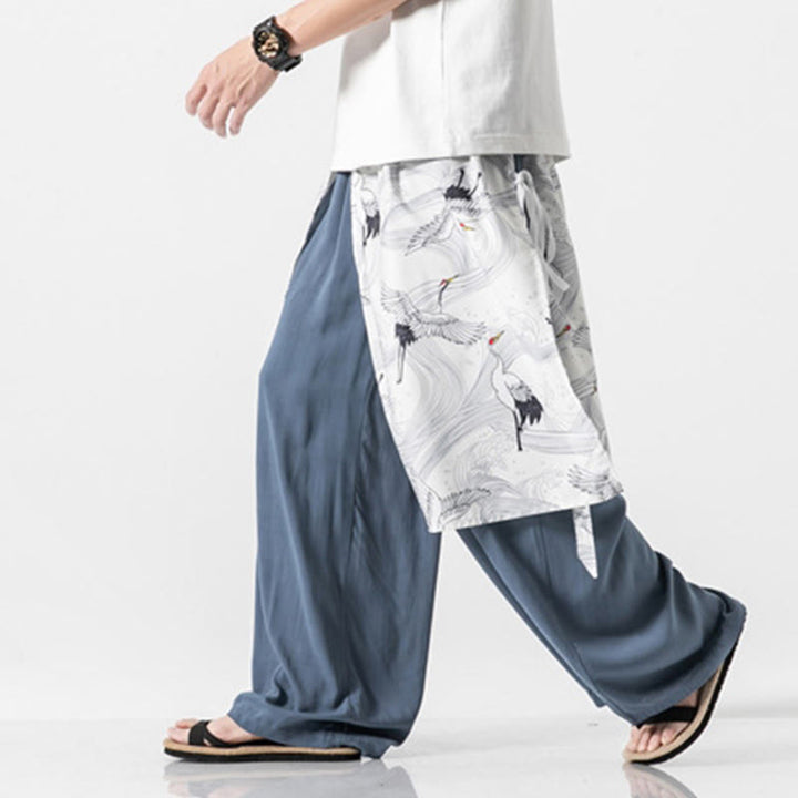 Buddha Stones 夏用 飛鶴デザイン コットン メンズ ワイドレッグパンツ ポケット付き - image 13