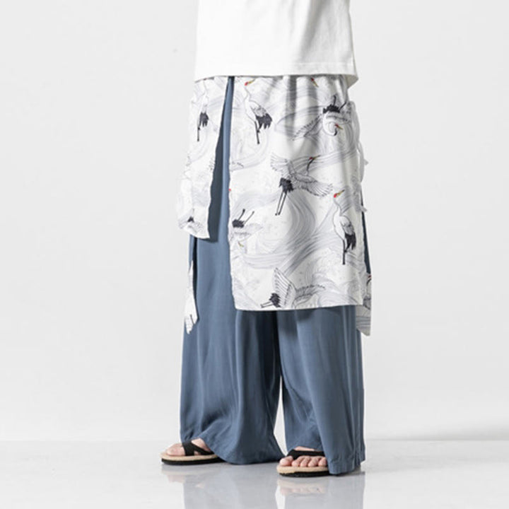 Buddha Stones 夏用 飛鶴デザイン コットン メンズ ワイドレッグパンツ ポケット付き - image 20