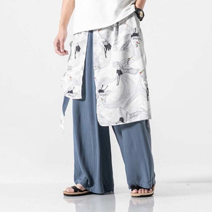 Buddha Stones 夏用 飛鶴デザイン コットン メンズ ワイドレッグパンツ ポケット付き - image 18