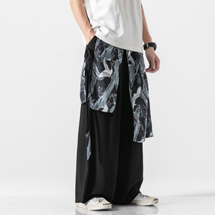 Buddha Stones 夏用 飛鶴デザイン コットン メンズ ワイドレッグパンツ ポケット付き - image 33