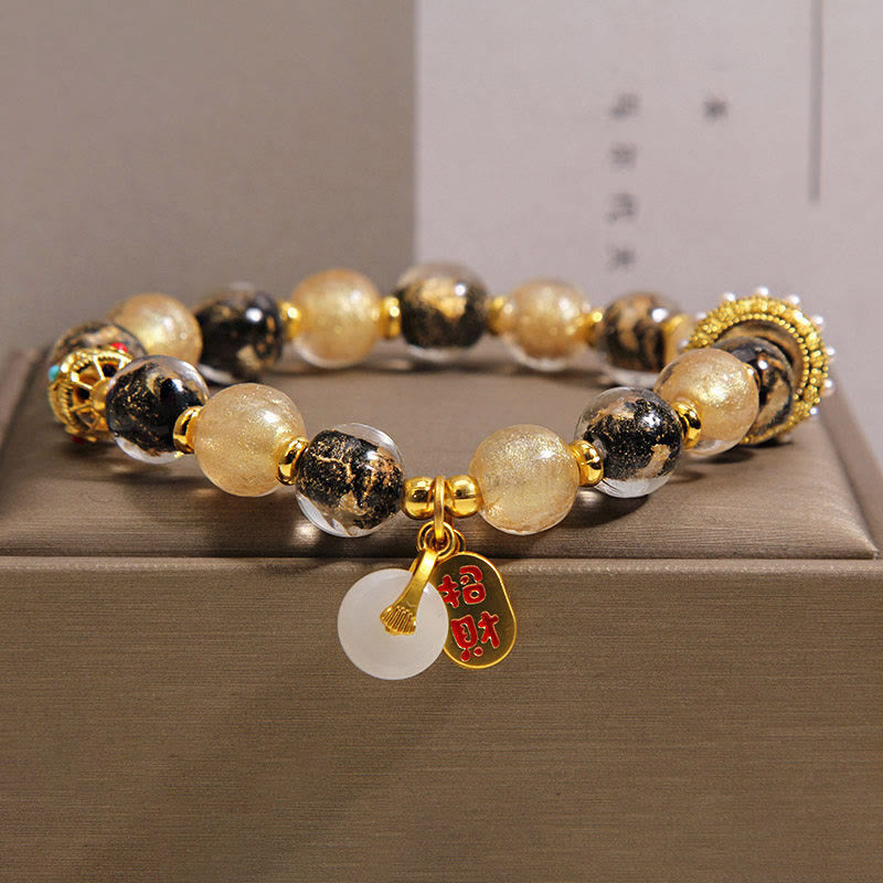 Buddha Stones ブラックゴールドのLiuliガラスビーズが富と平和のお守りチャームの良縁祈願ブレスレット - 14～16cm - image 0