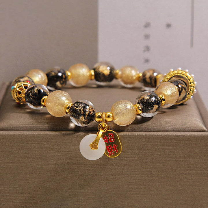 Buddha Stones ブラックゴールドのLiuliガラスビーズが富と平和のお守りチャームの良縁祈願ブレスレット - 14～16cm - image 0