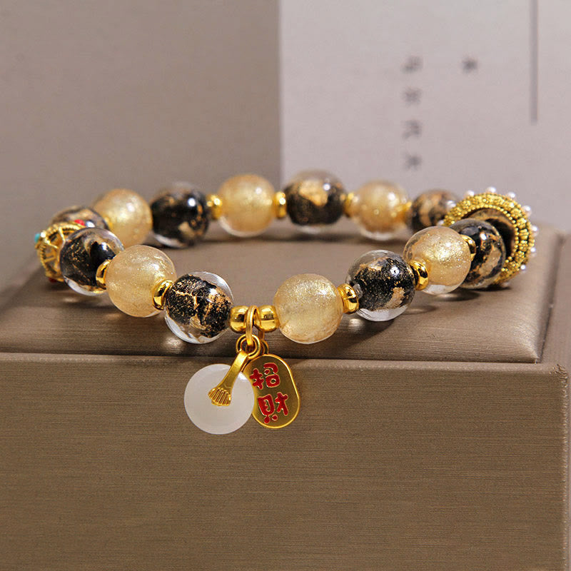 Buddha Stones ブラックゴールドのLiuliガラスビーズが富と平和のお守りチャームの良縁祈願ブレスレット - image 6