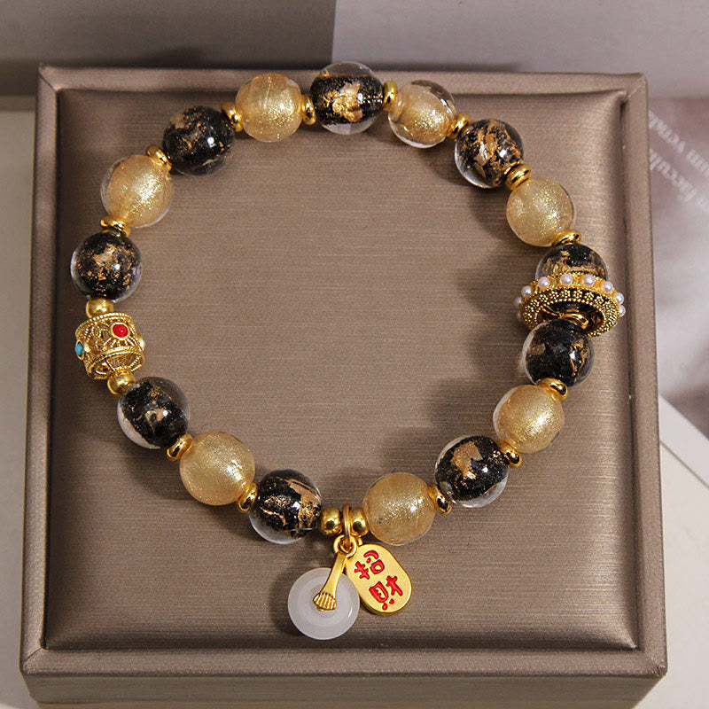 Buddha Stones ブラックゴールドのLiuliガラスビーズが富と平和のお守りチャームの良縁祈願ブレスレット - image 4