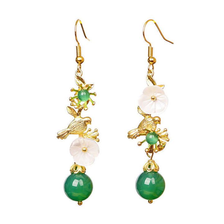 Buddha Stones グリーンアゲートビーズ ホワイトフラワー バードパワードロップイヤリング - image 6