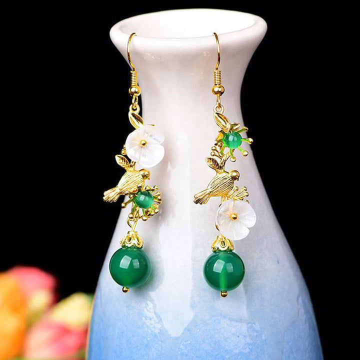 Buddha Stones グリーンアゲートビーズ ホワイトフラワー バードパワードロップイヤリング - image 3