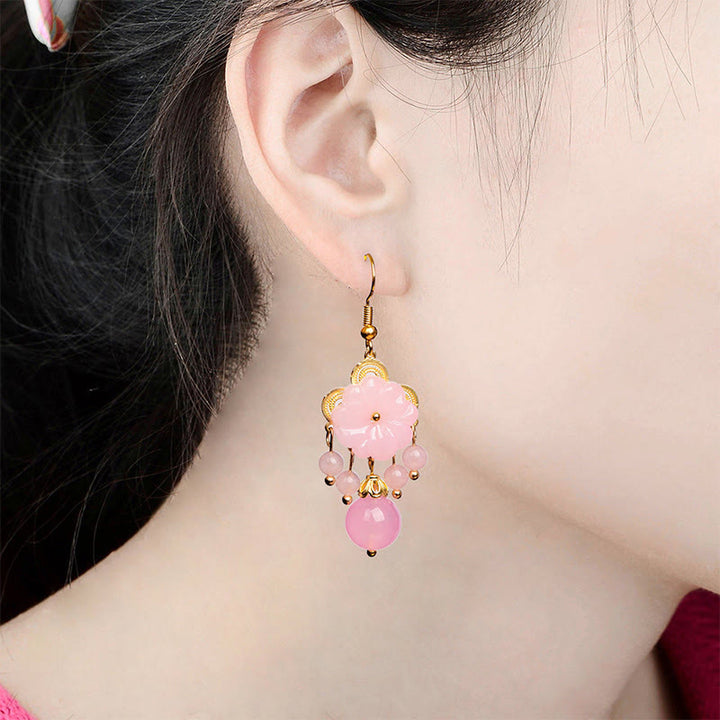 Buddha Stones グリーンピンクの花のLiuliガラスドロップイヤリング - image 7