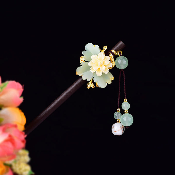 Buddha Stones 緑、黄、白の花、Liuliガラス木製ヘアピン - 緑 - image 0
