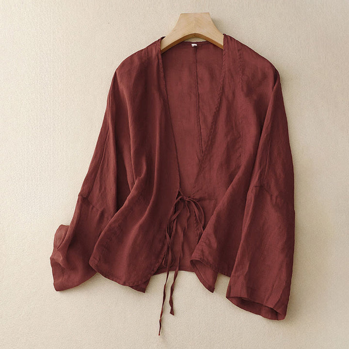 Buddha Stonesサマープレーン長袖レースアップオープンフロントレディース着物 - ダークレッド - US12、 UK/AU16、 EU44 (XL) - image 0
