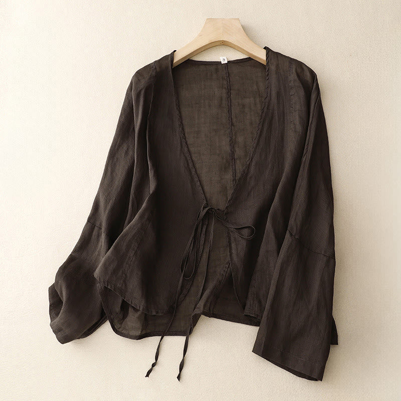 Buddha Stonesサマープレーン長袖レースアップオープンフロントレディース着物 - サドルブラウン - US12、 UK/AU16、 EU44 (XL) - image 12