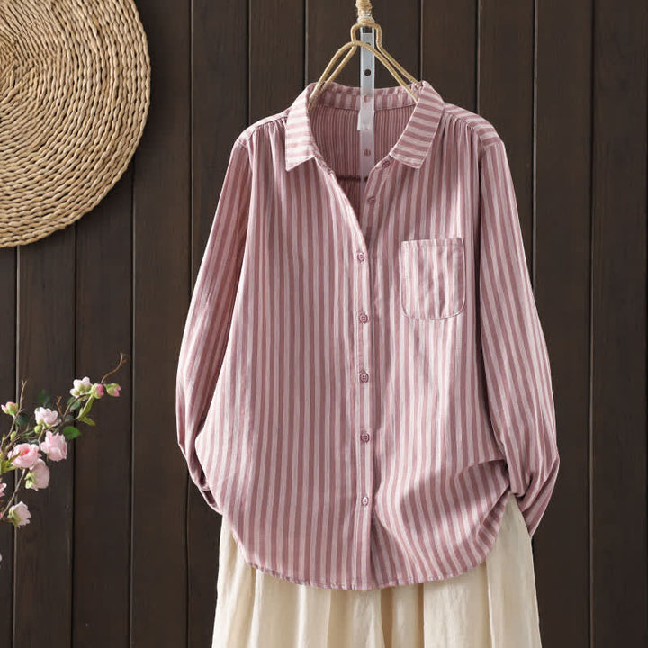 Buddha Stones 春の縦縞 長袖 装飾ポケット付き レディース コットンボタンシャツ - ライトピンク - US8-10，UK/AU12-14，EU40-42 (2XL) - image 0