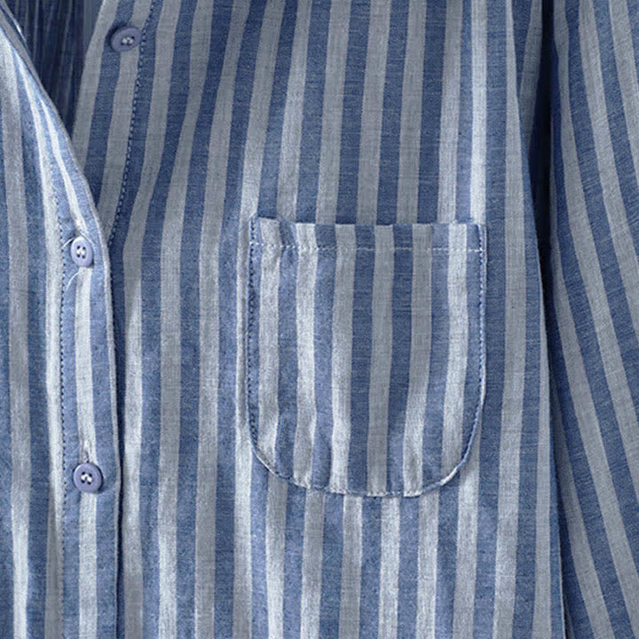 Buddha Stones 春の縦縞 長袖 装飾ポケット付き レディース コットンボタンシャツ - image 4