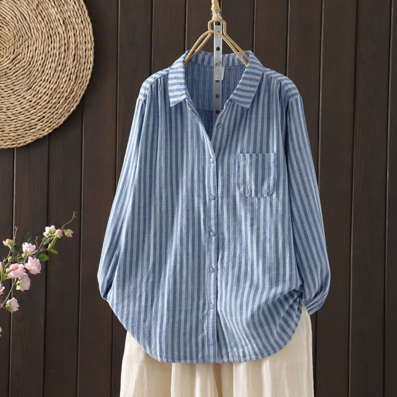 Buddha Stones 春の縦縞 長袖 装飾ポケット付き レディース コットンボタンシャツ - コーンフラワーブルー - US8-10，UK/AU12-14，EU40-42 (2XL) - image 3