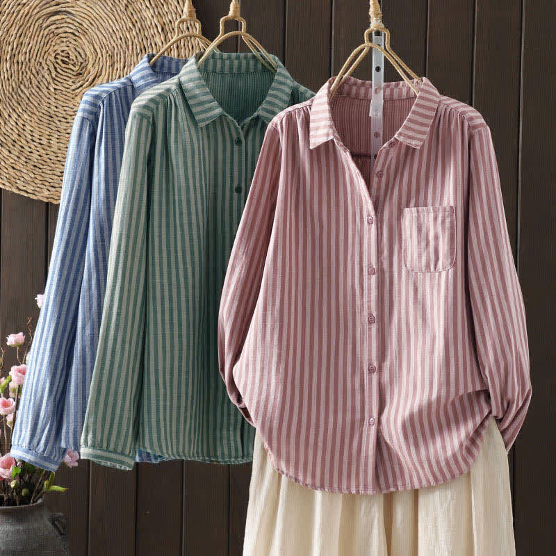Buddha Stones 春の縦縞 長袖 装飾ポケット付き レディース コットンボタンシャツ - image 7